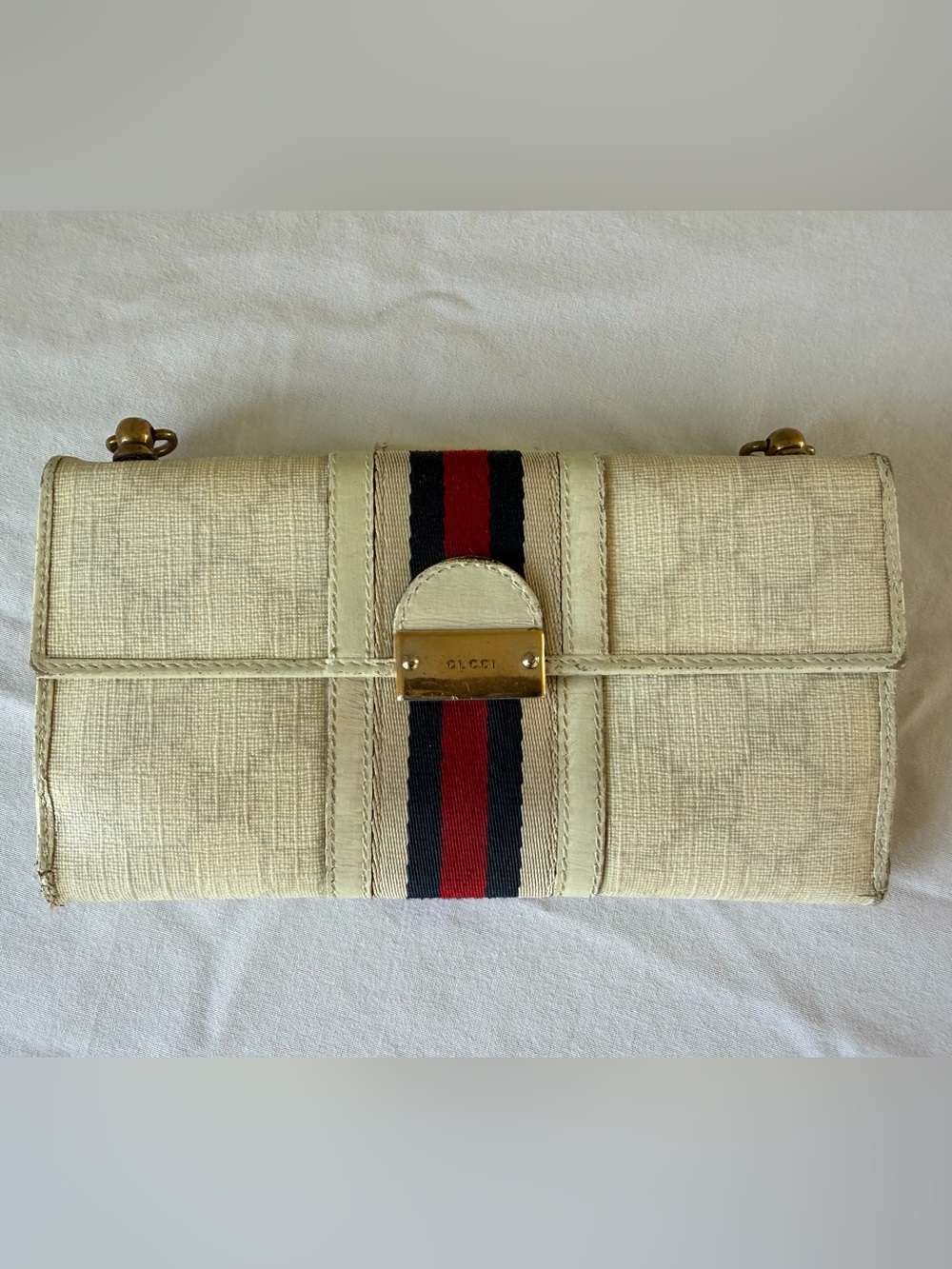 Gucci Cream Canvas Clutch with Red & Navy Web Stripe
